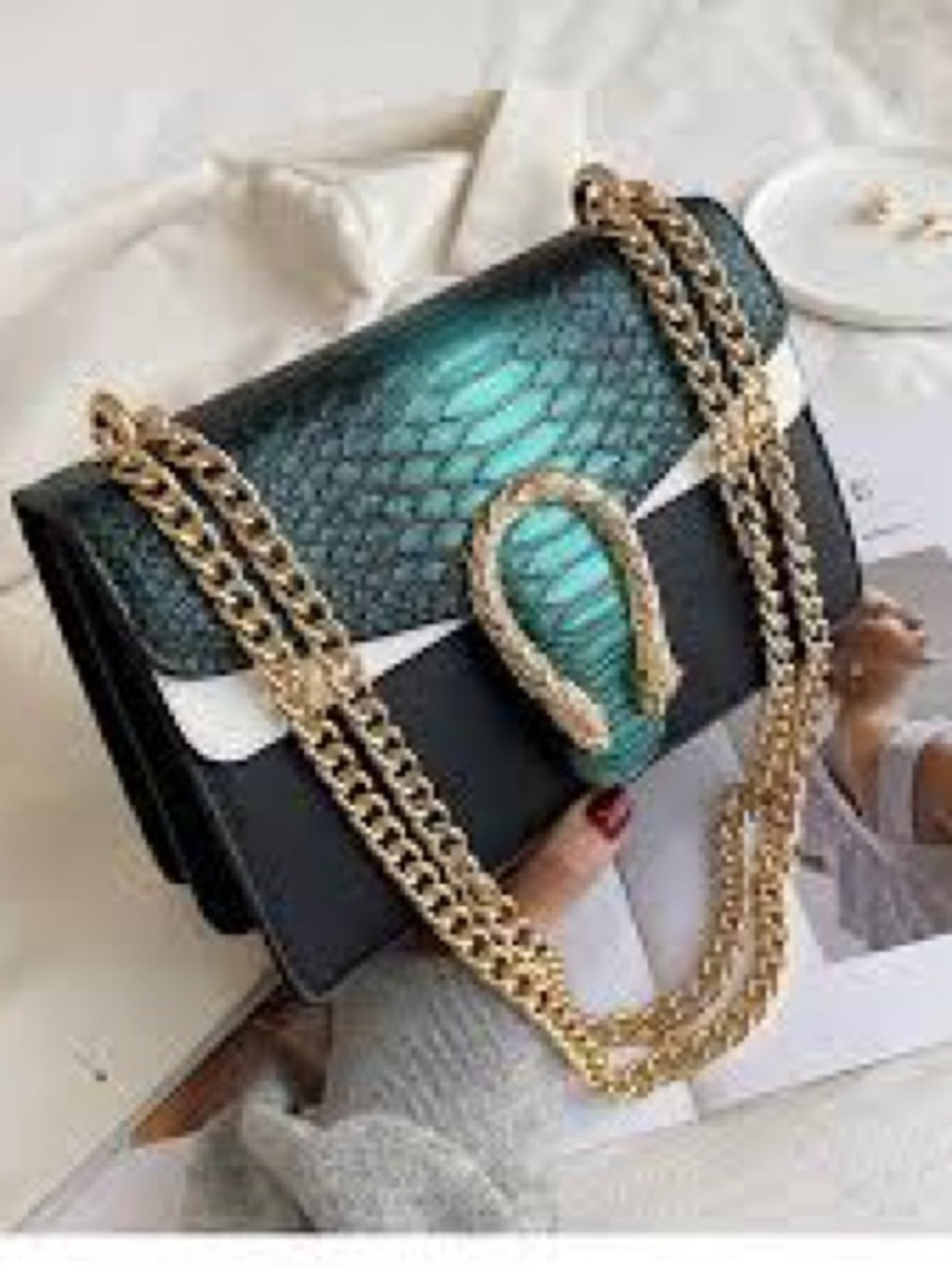 Lux Metallic Green Python Chain Shoulder Bag
